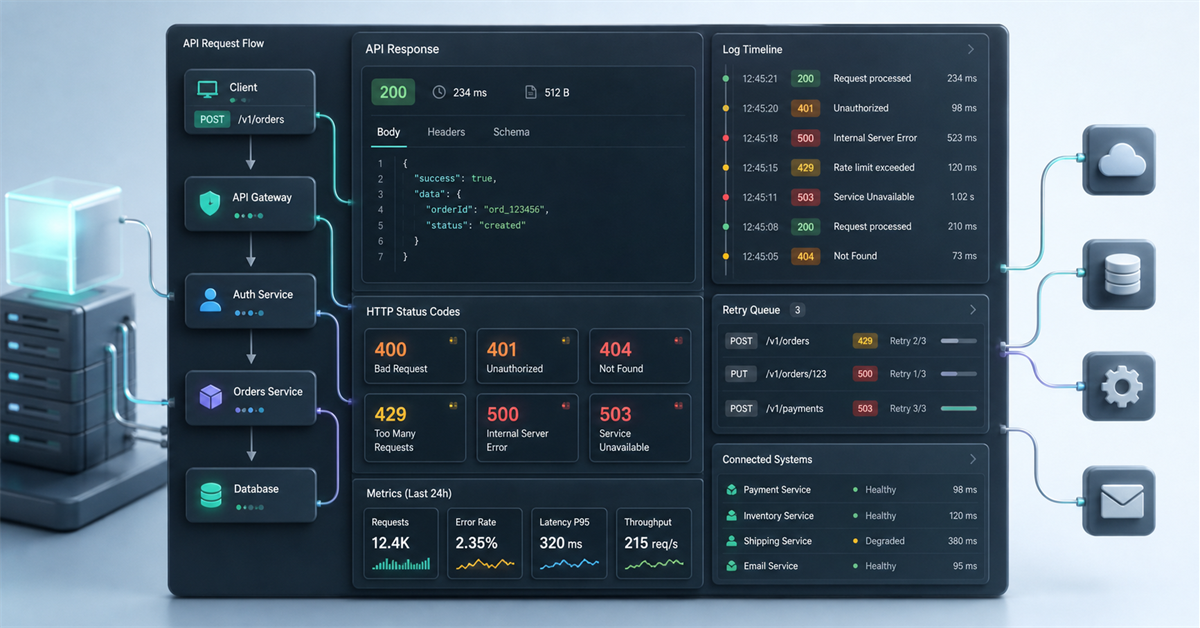 Painel técnico com códigos HTTP, respostas de API, logs e fluxo de integração entre sistemas