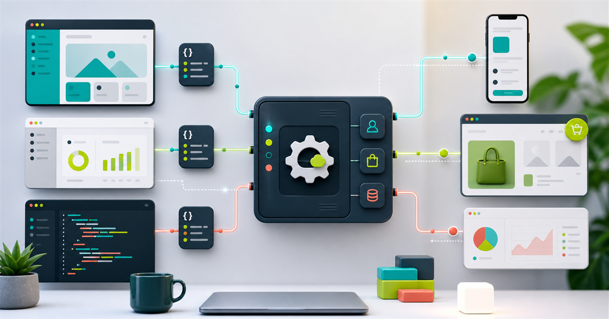 Aplicativos e sistemas conectados por uma API com dados estruturados e endpoints