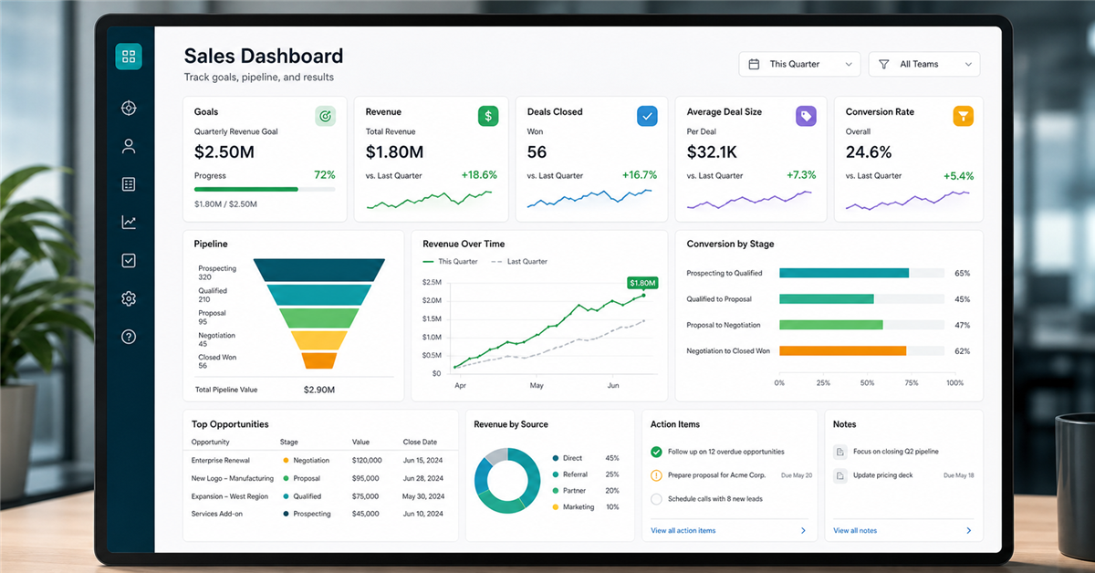 Dashboard de vendas com metas, funil comercial, receita, conversao e prioridades de acao