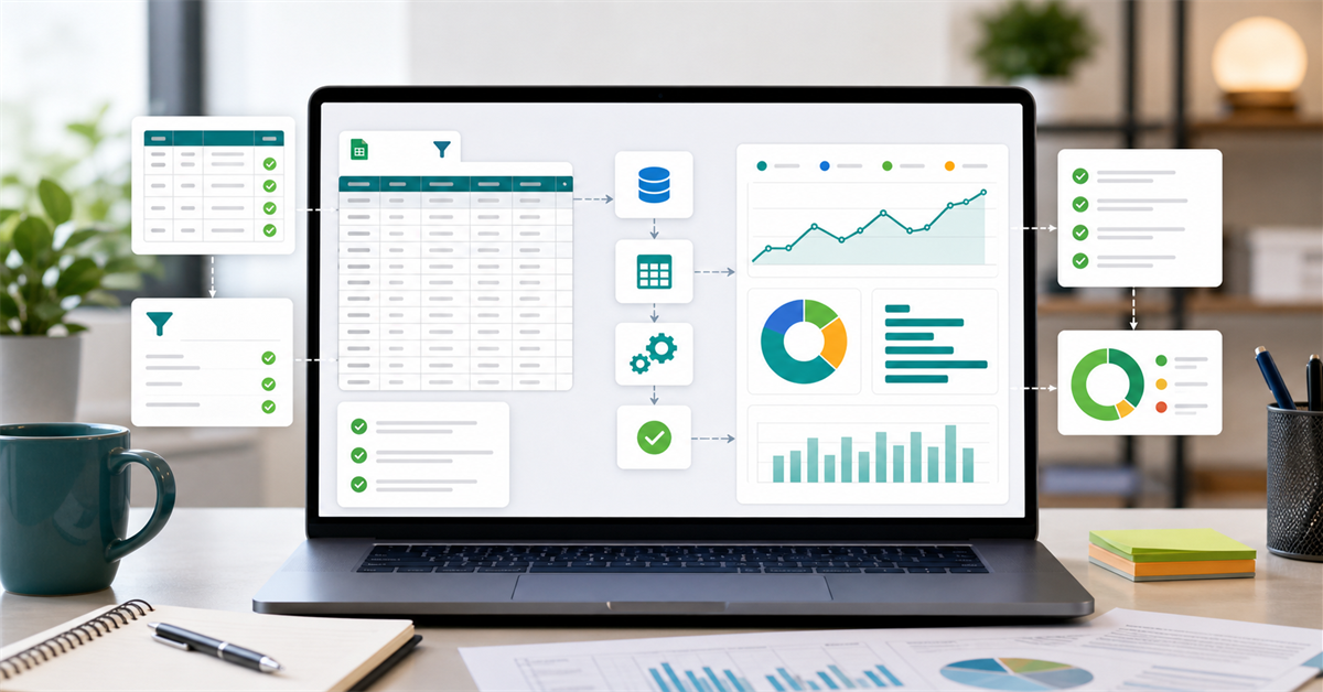 Interface com planilhas, validações e gráficos mostrando preparação de dados para dashboard