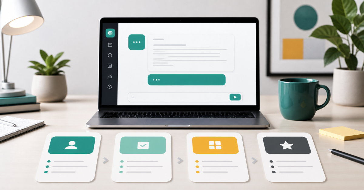 Mesa de trabalho com assistente de IA organizando um prompt em contexto, tarefa, formato e criterios de qualidade