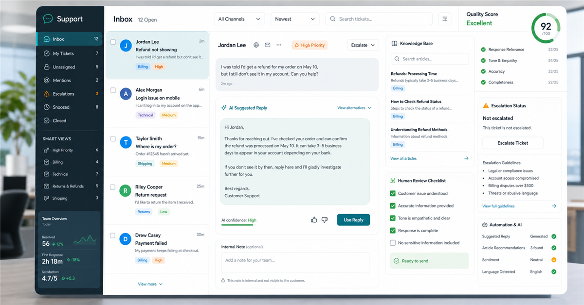 Interface de atendimento com IA sugerindo respostas, base de conhecimento, revisao humana e indicadores de qualidade