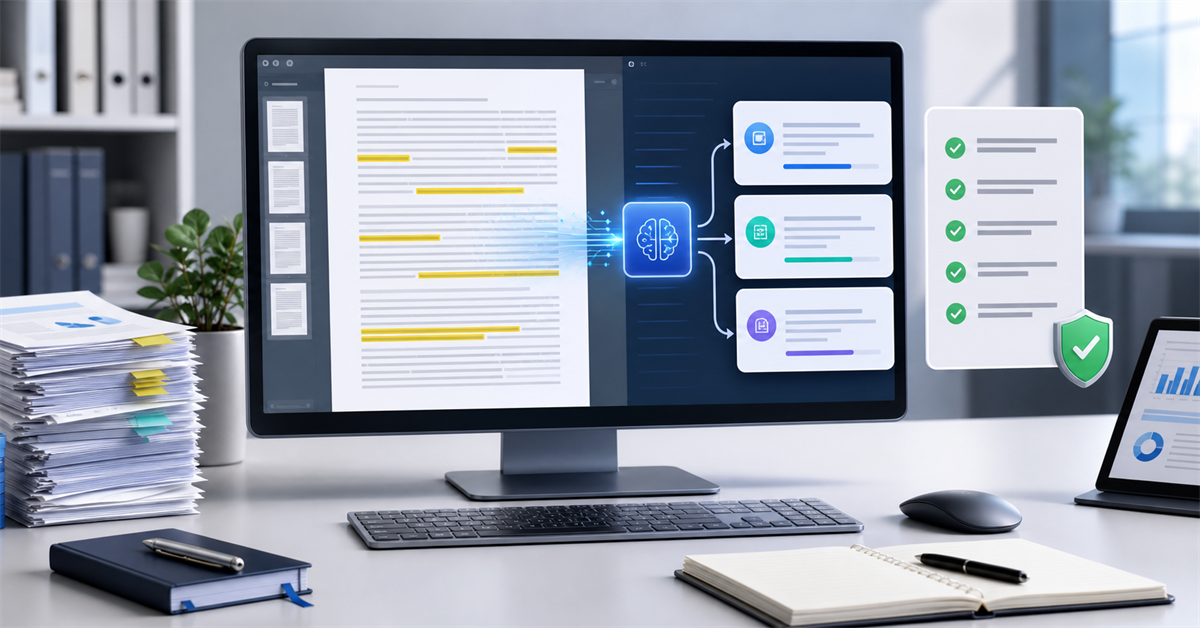 Interface com IA resumindo documento longo em pontos principais, checklist e referencias verificadas