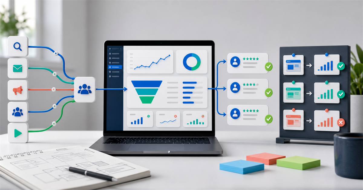 Dashboard de produto digital mostrando canais de aquisicao, funil de ativacao e feedback dos primeiros usuarios