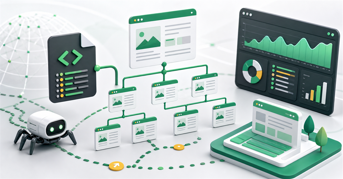 Mapa visual de URLs, sitemap XML e caminhos de rastreamento para SEO técnico