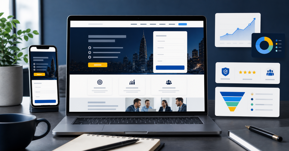 Interface de pagina de servicos com proposta clara, chamada para contato, formulario, prova de confianca e indicadores de conversao