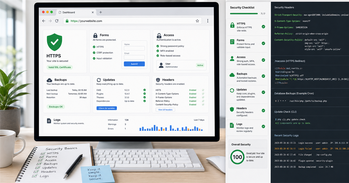 Painel de seguranca web com HTTPS, formularios, acessos, backups, atualizacoes, headers e logs