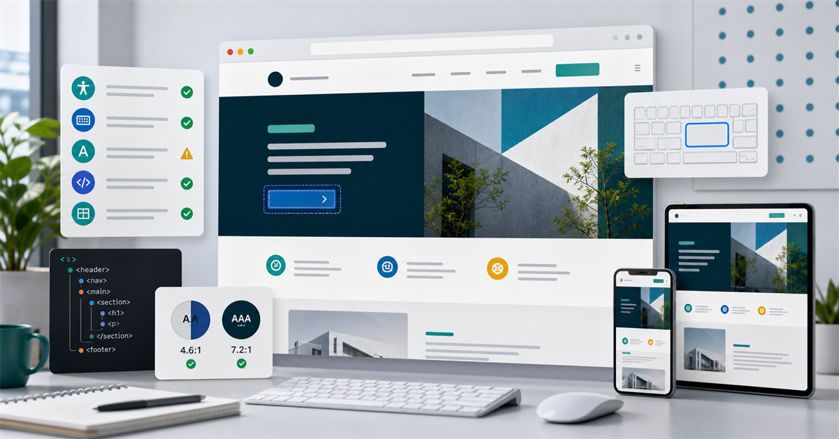 Interface de site sendo revisada com foco em acessibilidade, contraste, teclado e estrutura semântica