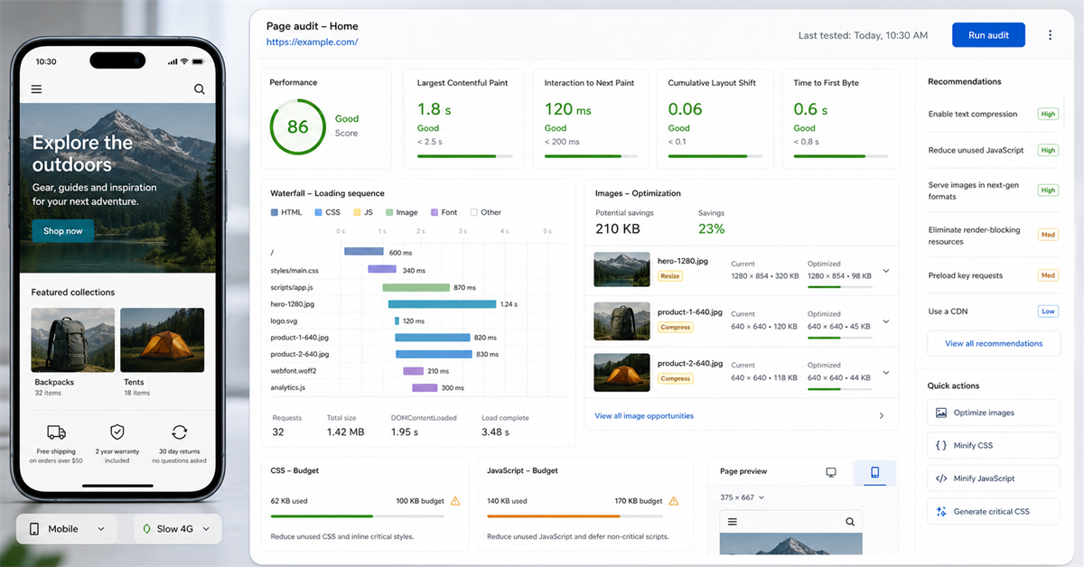Interface de auditoria de performance mobile com celular, metricas de velocidade, imagens, scripts e linha de carregamento