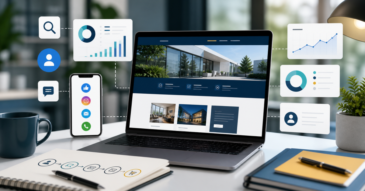 Painel de estrategia web com site, redes sociais, busca, formulario de contato e indicadores de presenca digital