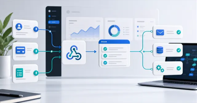 Fluxo visual de webhooks conectando sistemas, eventos de API e processos automatizados