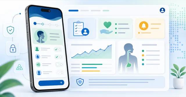 Interface do Disfagia App com questionário educativo, indicadores e painel de saúde digital