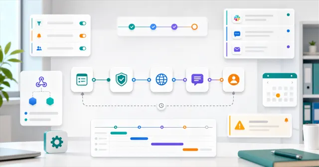 Fluxo digital de automação com regras, alertas internos, APIs e revisão humana