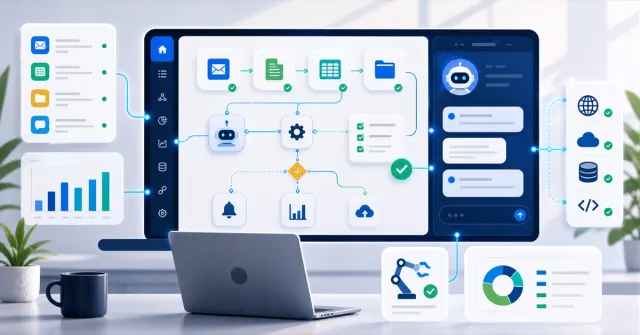 Interface de automação com IA conectando tarefas, APIs e revisão humana