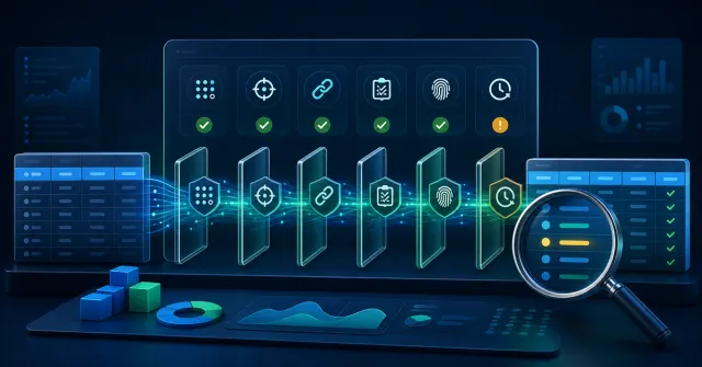 Painel de avaliação da qualidade dos dados com validações, fluxo de registros e inspeção de inconsistências