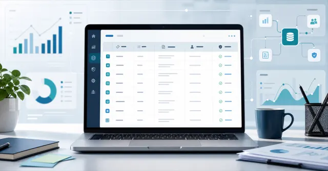Interface com tabela de dicionário de dados, campos, regras e gráficos de dashboard