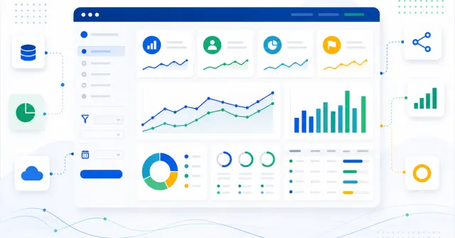 Dashboard empresarial com indicadores, gráficos e cartões de desempenho