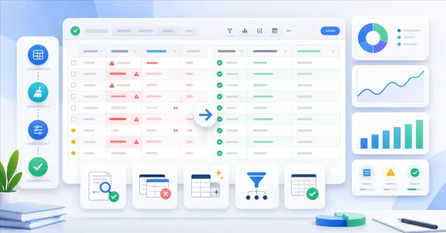 Interface de planilha com validações, dados duplicados destacados e painel de análise