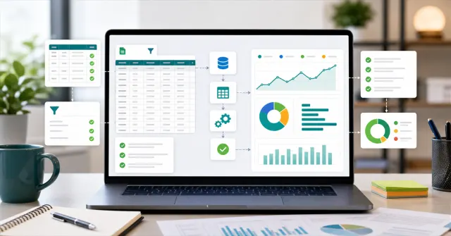 Interface com planilhas, validações e gráficos mostrando preparação de dados para dashboard