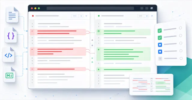 Editor diff online comparando duas versões de texto com trechos adicionados e removidos destacados
