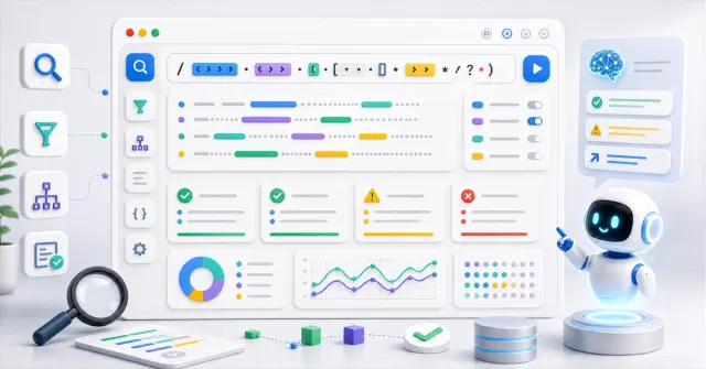 Editor de regex online com IA sugerindo padrões e destacando correspondências em textos