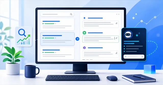 Interface de SEO com assistente de IA ajudando a criar meta descriptions