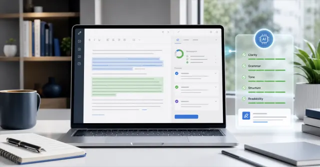 Interface digital com IA revisando texto antes da publicação