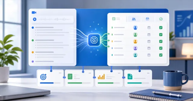 Interface digital mostrando IA organizando anotações de reunião em tarefas e responsáveis