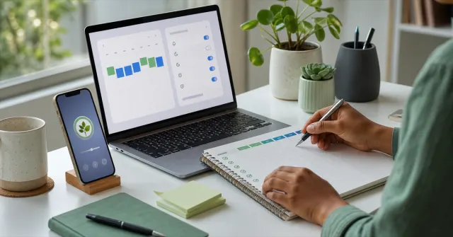Mesa organizada com notebook, celular em modo foco e caderno de hábitos digitais saudáveis