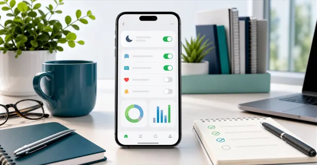 Celular com painel de notificações organizado, modo foco ativado e rotina digital planejada