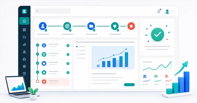 Fluxo de onboarding de SaaS com etapas de ativação, primeira vitória, mensagens e métricas de produto