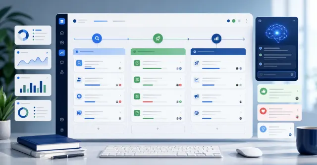 Roadmap de produto digital com IA organizado em etapas, prioridades, feedbacks e métricas