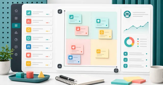 Painel de produto digital com matriz de priorização, cards de funcionalidades, métricas e apoio de IA