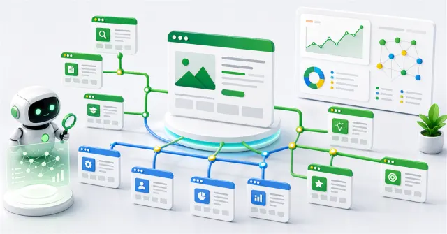 Arquitetura de páginas conectadas por links internos com análise de SEO e assistência de inteligência artificial