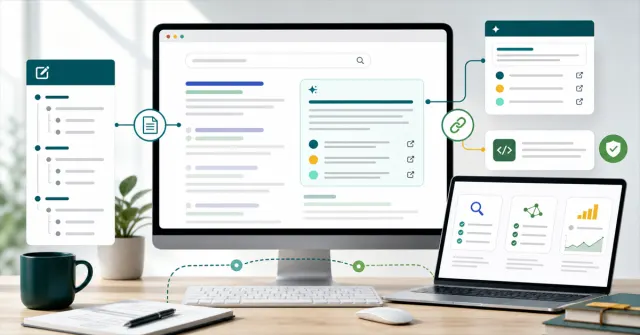 Interface editorial mostrando conteúdo otimizado para SEO e respostas de inteligência artificial com citações e dados estruturados