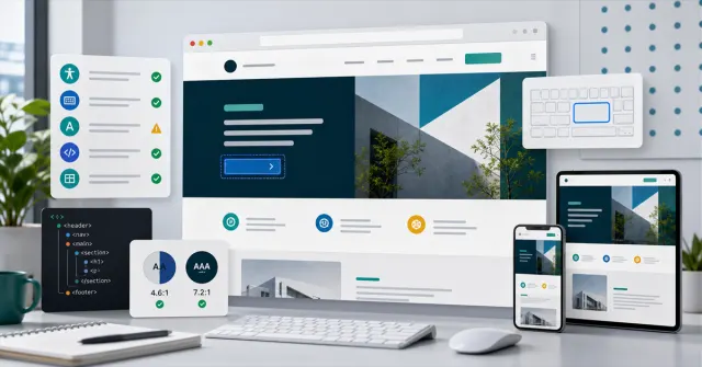Interface de site sendo revisada com foco em acessibilidade, contraste, teclado e estrutura semântica