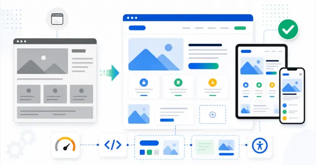 Interface web sendo modernizada com componentes responsivos, código e indicadores de performance